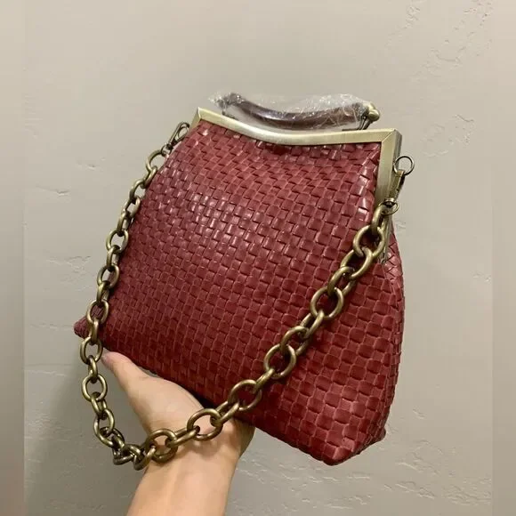 Handmade Genuine Woven Leather Double Kisslock Top Handle Bag & 2 Straps Style